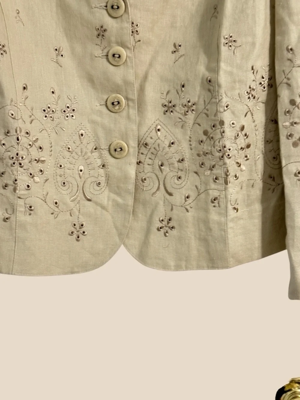 Carole Little Linen Embroidered Blazer Jacket Tan Button Front Floral Eyelet 16W